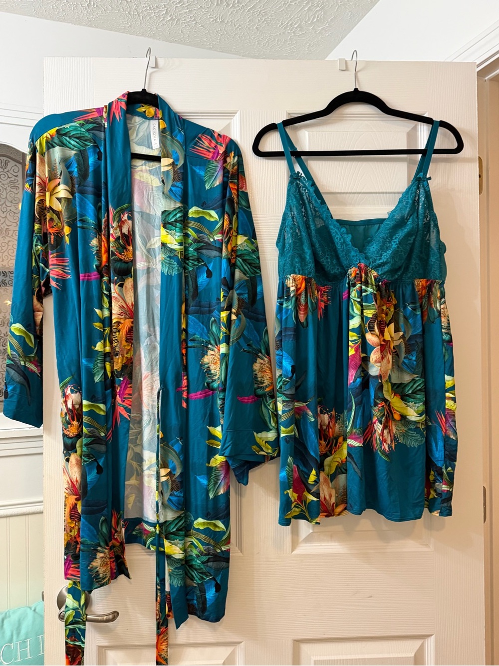 Cacique Teal Floral Lace Trim Robe & Chemise Set